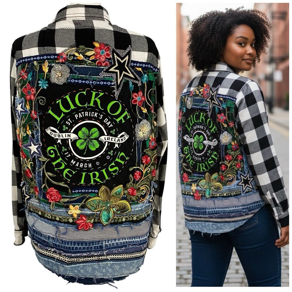 Upcycled Flannel Shirt Shacket Womens 3X Irish St Patrick Party Custom Grunge